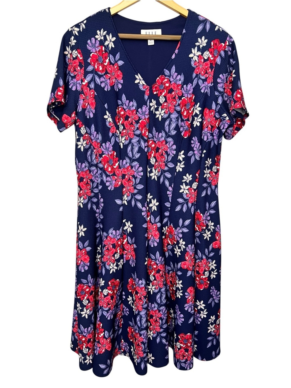 Elle Floral V-Neck Swing Dress Navy with Red and Lavender Blooms XL Cottagecore